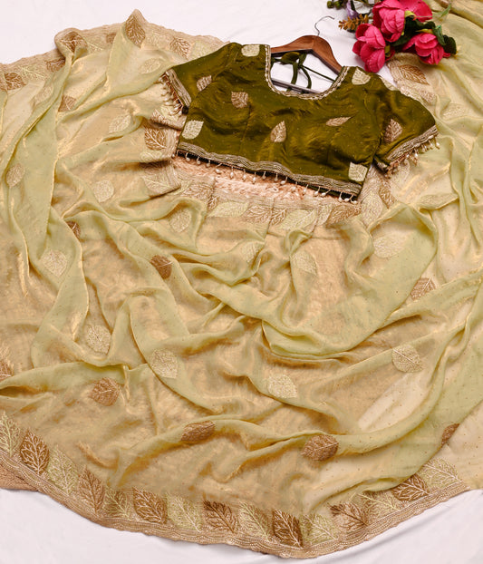 Sage Mint Designer Saree with Olive Green Embroidered Blouse