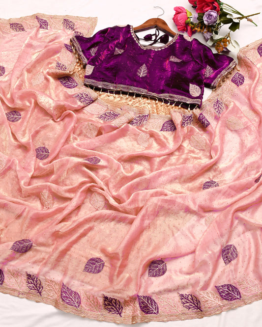 Blush Pink Designer Saree with Royal Purple Embroidered Blouse