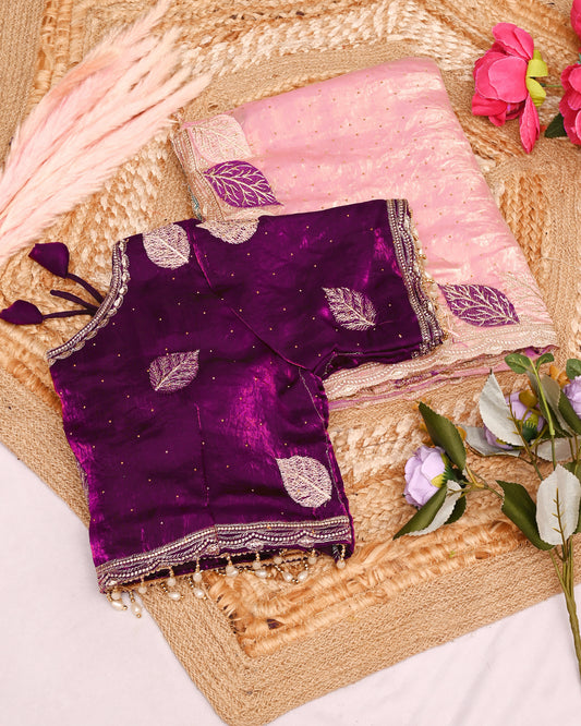 Blush Pink Designer Saree with Royal Purple Embroidered Blouse