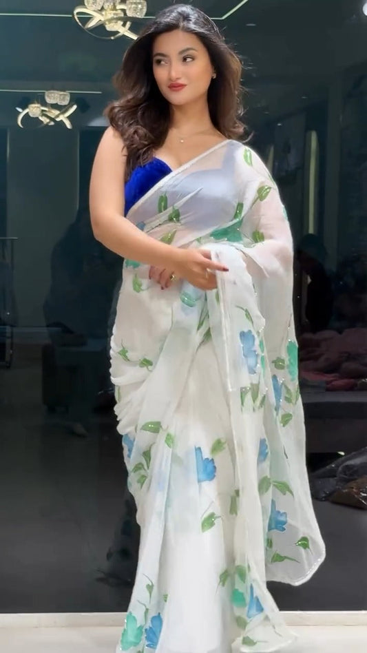 Luxury Ivory Organza Saree with Blue Floral Artwork & Stitched Designer Blouse
