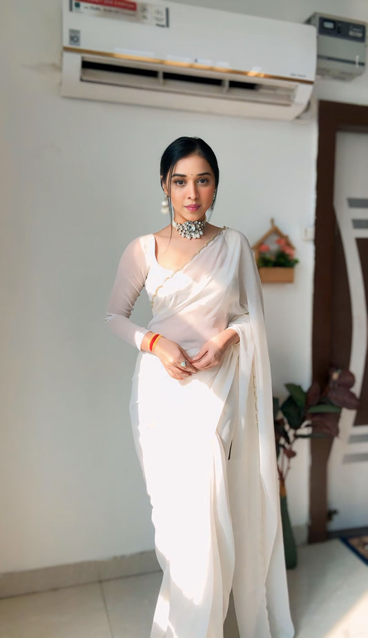 Luxury White Ready-to-Wear Saree with Stitched Blouse