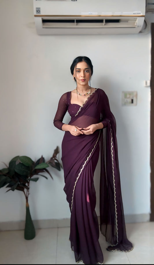 Royal Wine Ready-to-Wear Saree with Stitched Designer Blouse