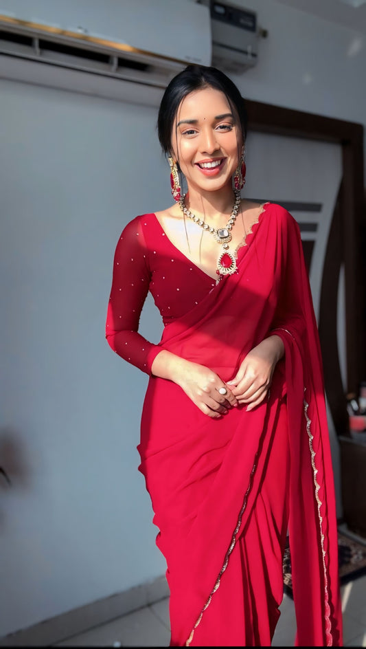 Ruby Red Ready-to-Wear Saree with Stitched Designer Blouse