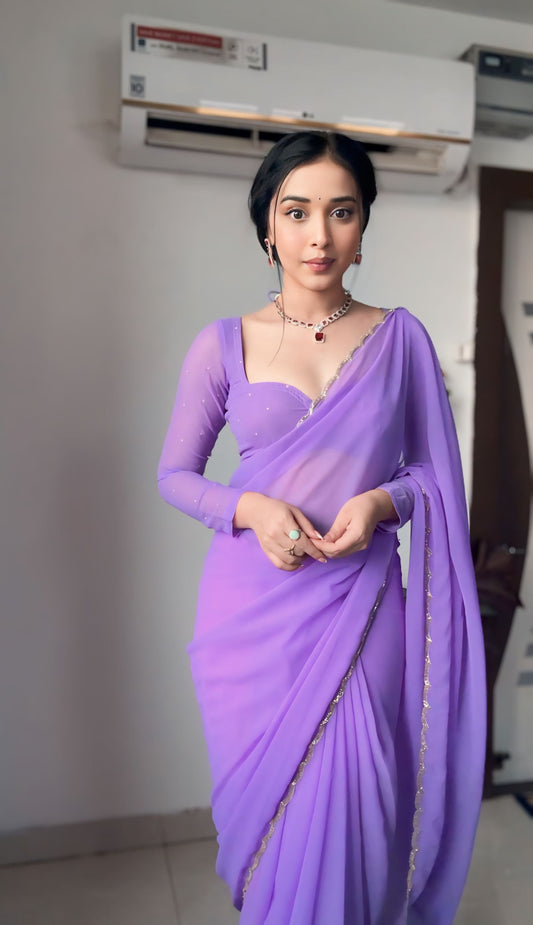 Lavender Luxe Ready-to-Wear Saree with Stitched Designer Blouse