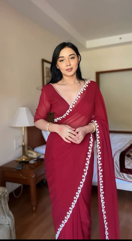 Crimson Charm Ready-to-Wear Georgette Saree with Unstitched Blouse