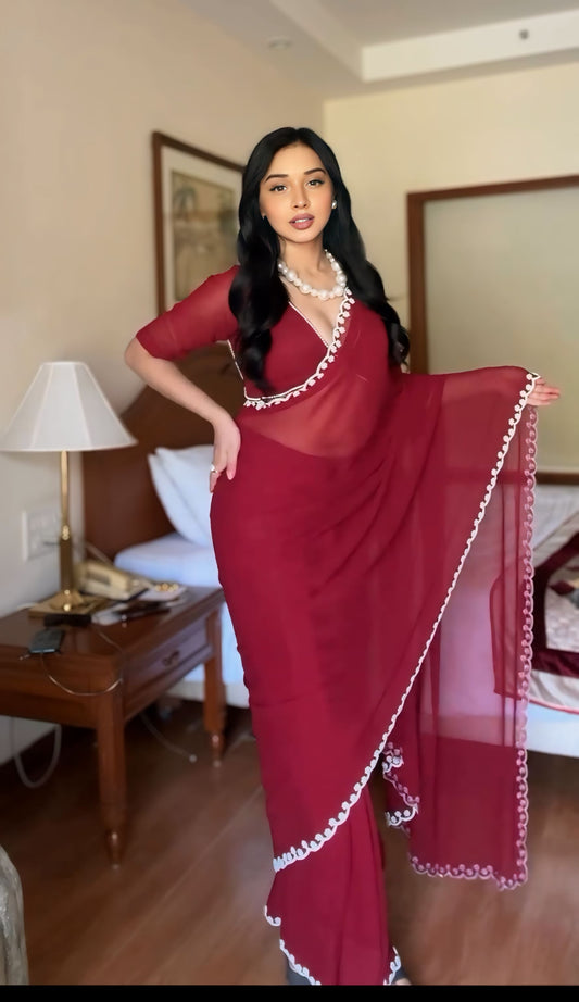 Crimson Charm Ready-to-Wear Georgette Saree with Unstitched Blouse