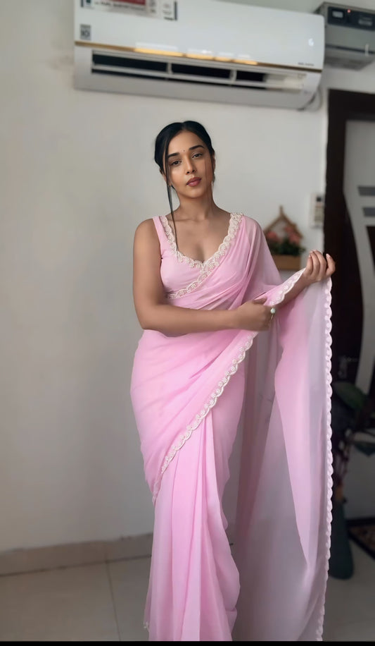 Blush Pearl Ready-to-Wear Georgette Saree with Unstitched Blouse