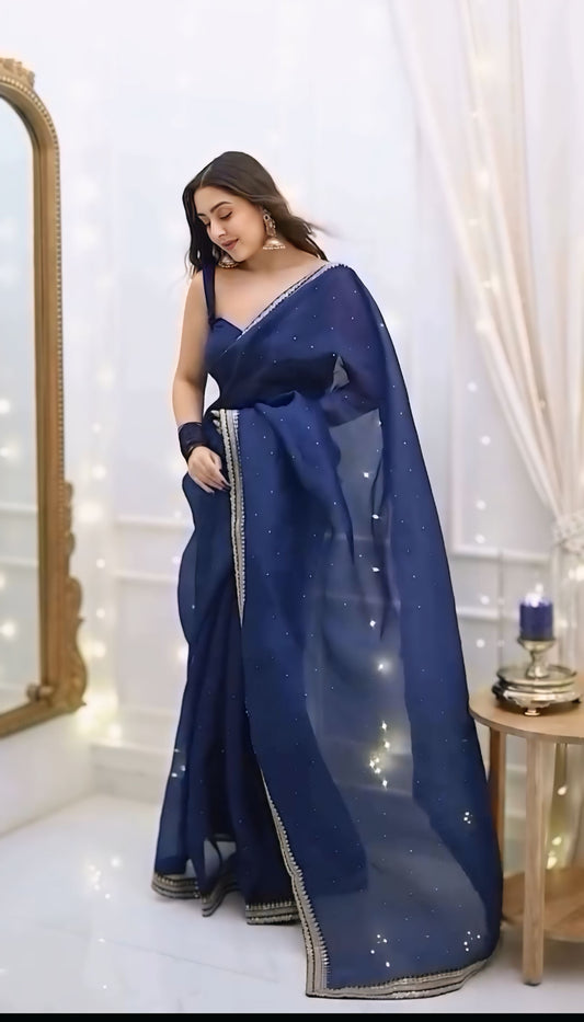 Royal Navy Ready-to-Wear Saree with Crystal Embellished Designer Border