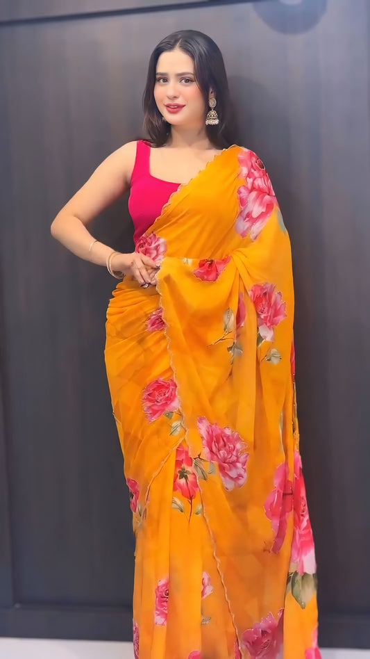 Sunflower Bloom Ready-to-Wear Georgette Saree with Unstitched Blouse