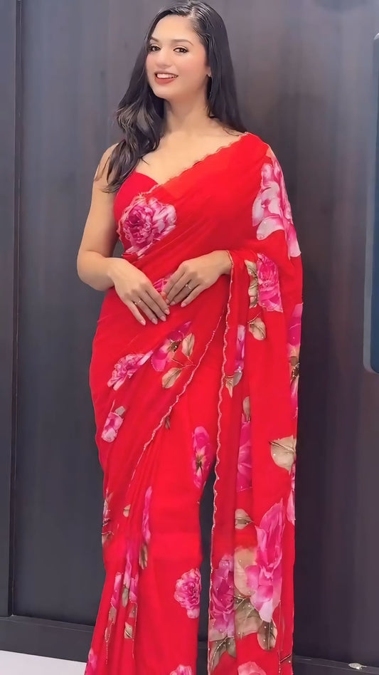 Scarlet Rose Bloom Ready-to-Wear Georgette Saree with Unstitched Blouse