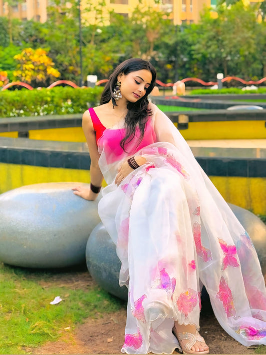 Pink Petal Whisper Organza Ready-to-Wear Saree with Unstitched Blouse