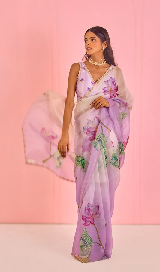 Luxury Lavender Lotus Bloom Organza Saree with Ready-to-Wear Stitched Floral Blouse