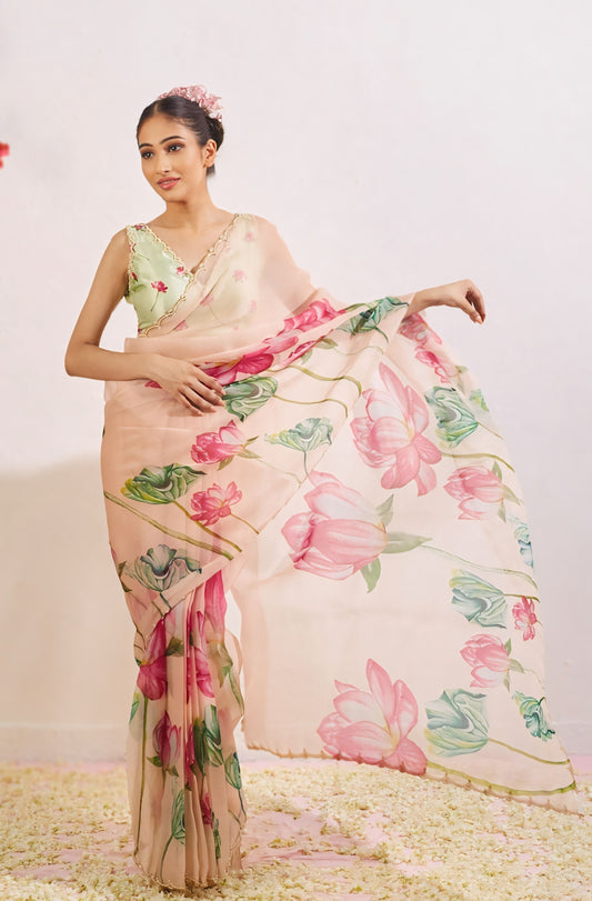 Luxury Lotus Bloom Organza Saree with Stitched Floral Designer Blouse