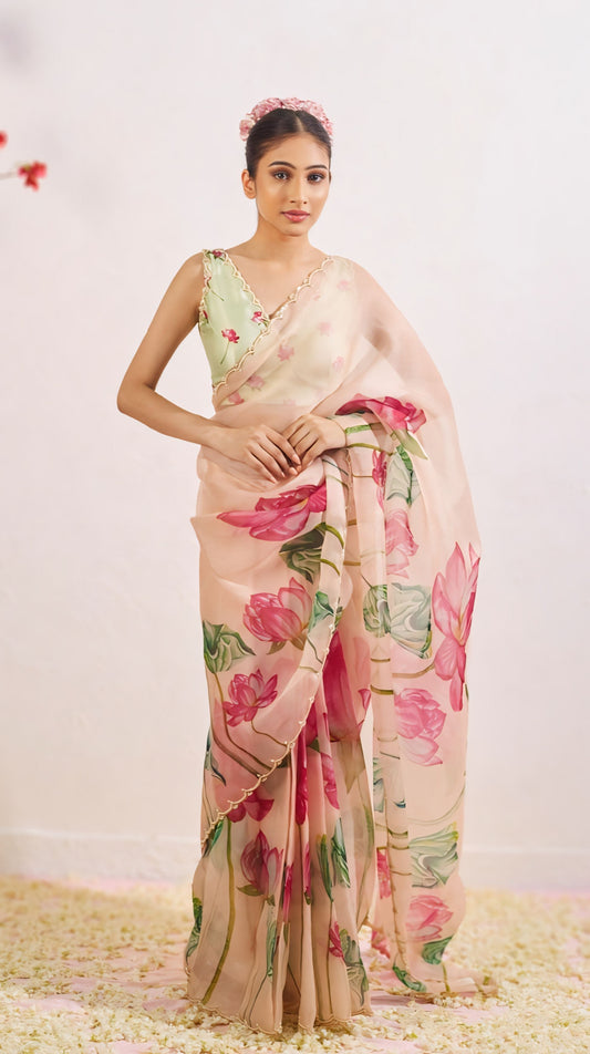Luxury Lotus Bloom Organza Saree with Stitched Floral Designer Blouse