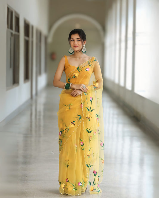 Golden Meadow Bloom Organza Saree with Unstitched Blouse