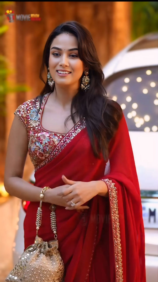 Luxury Ruby Red Georgette Saree with Heavy Mirror & Sequin Embroidered Designer Blouse