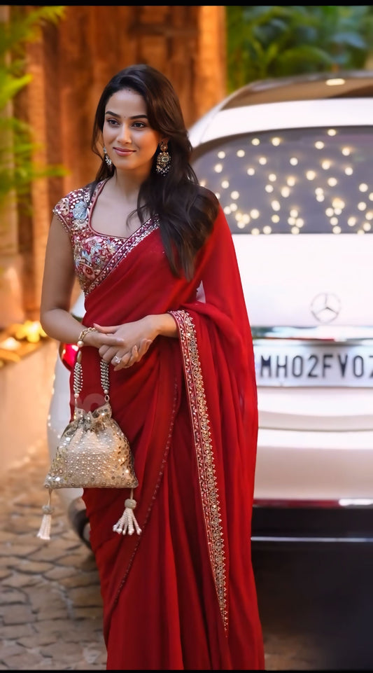 Luxury Ruby Red Georgette Saree with Heavy Mirror & Sequin Embroidered Designer Blouse