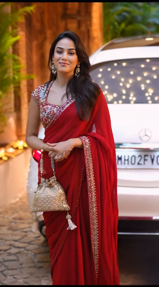 Luxury Ruby Red Georgette Saree with Heavy Mirror & Sequin Embroidered Designer Blouse