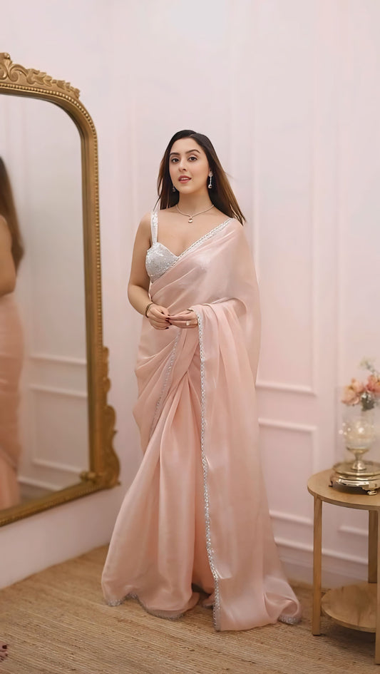 Luxury Blush Pink Organza Saree with Sequin Embellishments & Designer Stitched Blouse