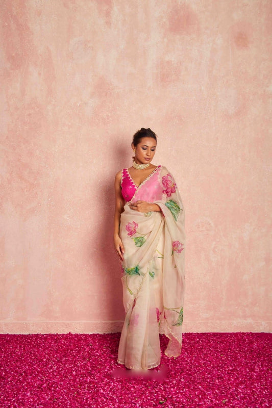 Blush Pink Organza Ready-to-Wear Saree with Floral Embroidered Designer Blouse