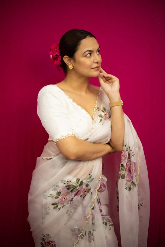 Ivory Bloom Organza Ready-to-Wear Saree with Floral Embroidered Designer Blouse