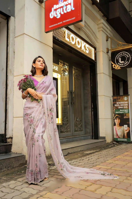 Lavender Rose Organza Ready-to-Wear Saree with Floral Embroidered Designer Blouse