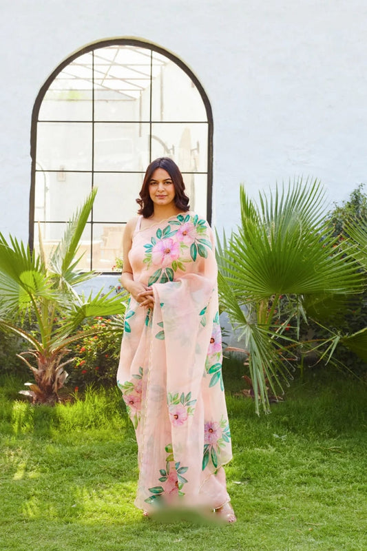 Blush Garden Organza Ready-to-Wear Saree with Unstitched Blouse