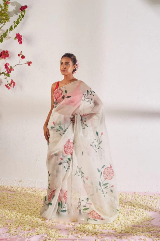 Ivory Bloom Organza Ready-to-Wear Saree with Botanical Pomegranate Print