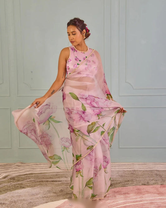 Blush Garden Ready-to-Wear Saree with Floral Print & Stitched Designer Blouse