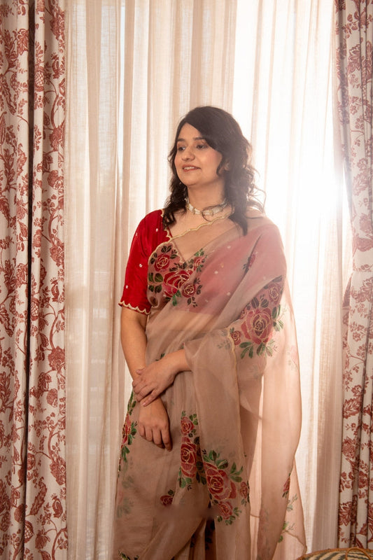 Vintage Rose Organza Ready-to-Wear Saree with Floral Embroidered Designer Blouse