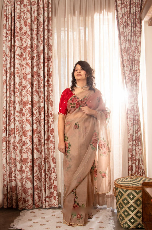 Vintage Rose Organza Ready-to-Wear Saree with Floral Embroidered Designer Blouse
