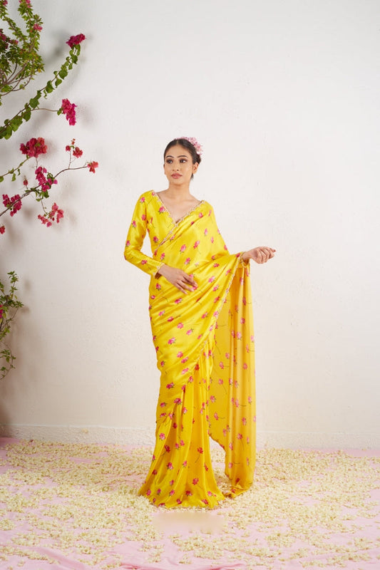 Sunlit Lotus Luxe Ready-to-Wear Saree with Stitched Designer Blouse