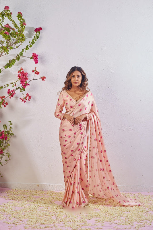 Blush Petal Bloom Ready-to-Wear Saree with Stitched Designer Blouse