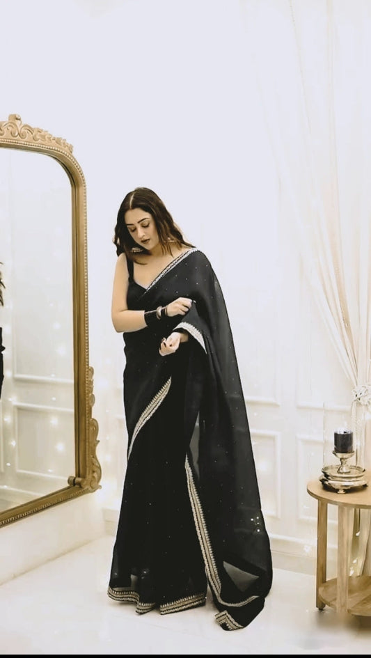 Midnight Black Ready-to-Wear Saree with Crystal Embellished Designer Border