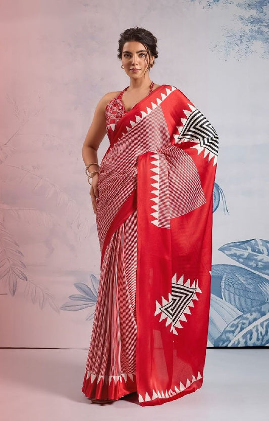 Crimson Royale Ready-to-Wear Crepe Silk Saree with Geometric Statement Pallu
