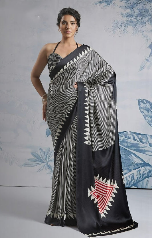 Noir Elegance Ready-to-Wear Crepe Silk Saree with Monochrome Geometric Pallu