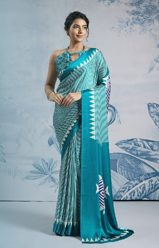 Ocean Teal Ready-to-Wear Crepe Silk Saree with Contemporary Geometric Elegance