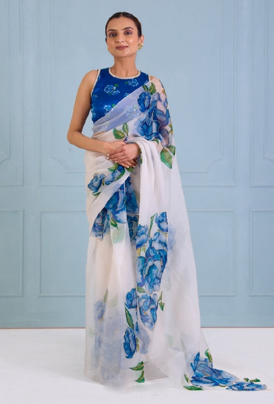 Luxury Sapphire Bloom Organza Saree with Ready-to-Wear Stitched Floral Blouse