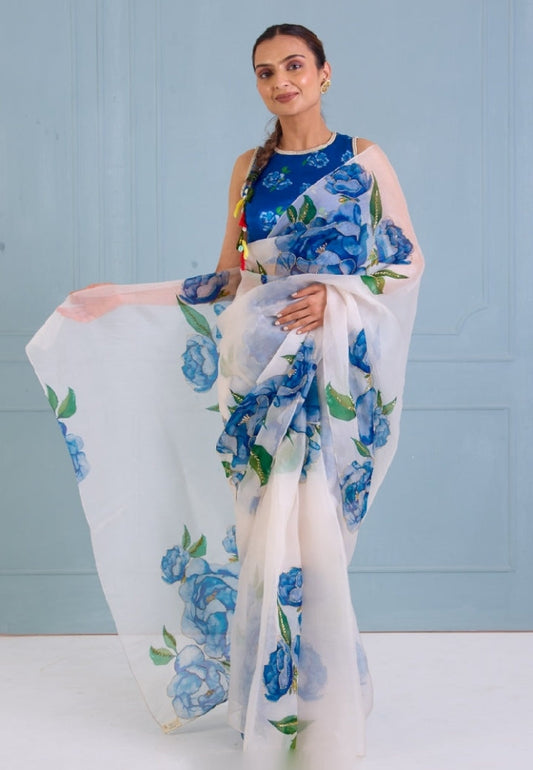Luxury Sapphire Bloom Organza Saree with Ready-to-Wear Stitched Floral Blouse