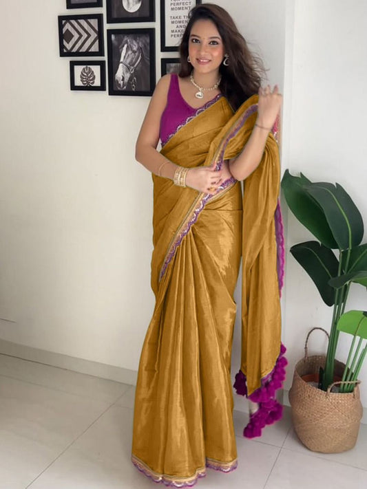 Royal Mustard Silk Saree with Contrast Magenta Embellished Border