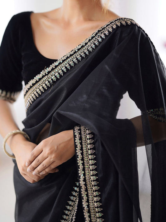 Luxury Noir Black Organza Saree with Designer Embellished Border