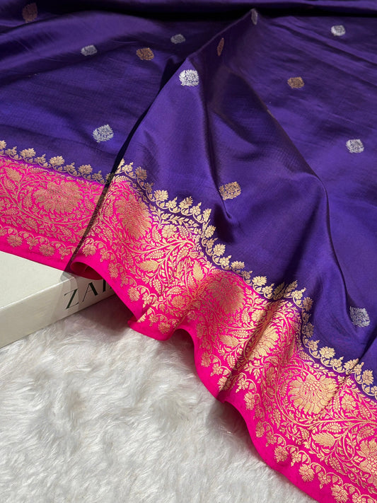 Royal Purple & Rani Pink Contrast Banarasi Silk Saree with Grand Gold Zari Border