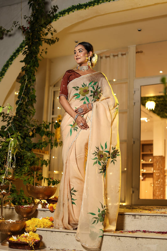 Ivory Bloom Hand-Painted Organza Ready-to-Wear Saree with Designer Blouse