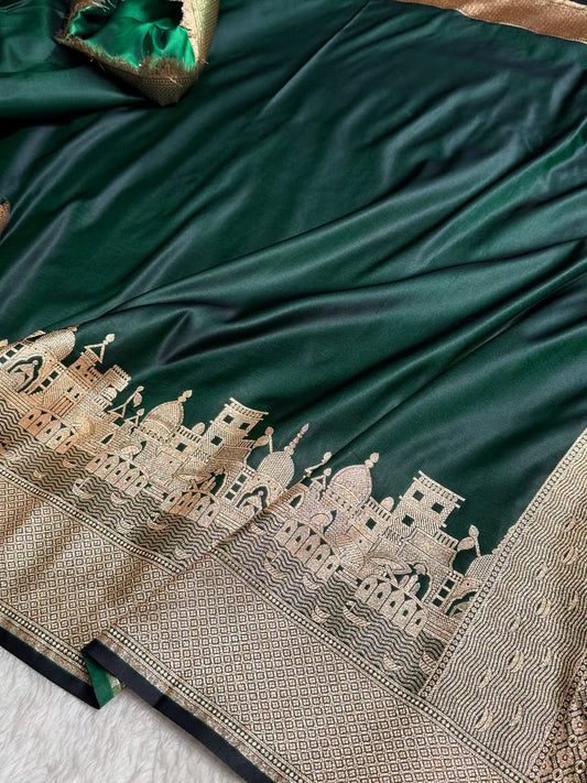 Bottle Green Banarasi Satin Katan Silk Saree with Traditional Ghat Zari Border