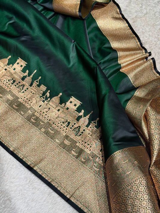 Bottle Green Banarasi Satin Katan Silk Saree with Traditional Ghat Zari Border
