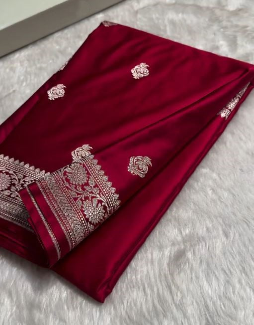 Ruby Red Banarasi Silk Saree with Silver Zari Buttas & Regal Woven Border