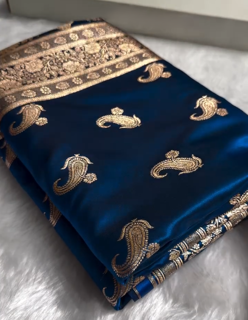 Royal Navy Blue Banarasi Silk Saree with Antique Gold Zari Motifs & Rich Woven Border