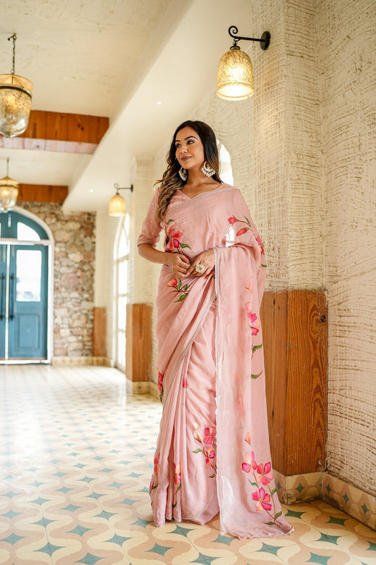 Blush Blossom Ready-to-Wear Saree with Hand-Painted Floral Art