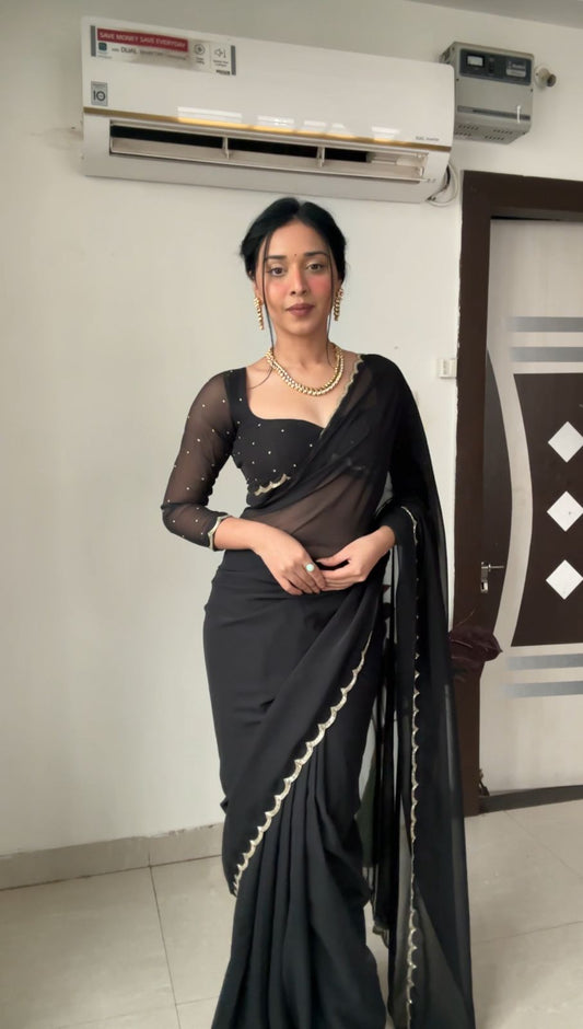 Midnight Black Ready-to-Wear Saree with Stitched Designer Blouse