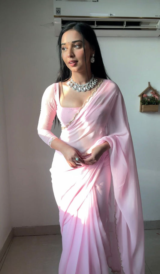 Blush Pink Ready-to-Wear Saree with Stitched Designer Blouse